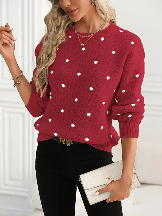 Pull à pois jacquard - Col rond, manches longues