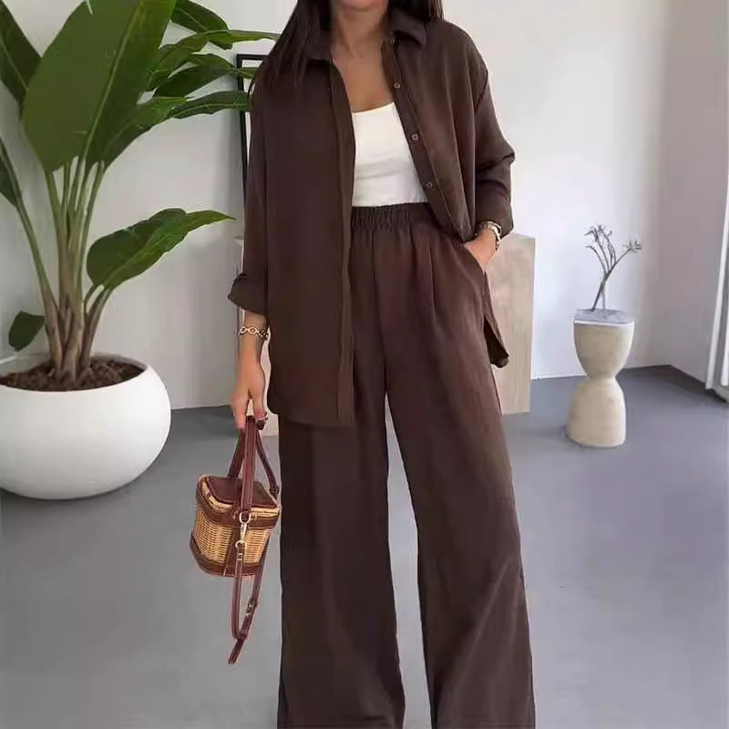Ensemble Trois Pièces Chemise Longue, Top & Pantalon Large — Style Bohème Chic